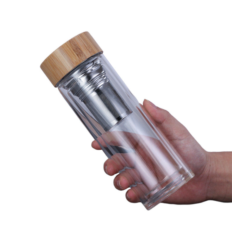 Aangepaste Borosilicate-Glasfles, Duidelijke Glas het Drinken Fles met Bamboedeksel leverancier